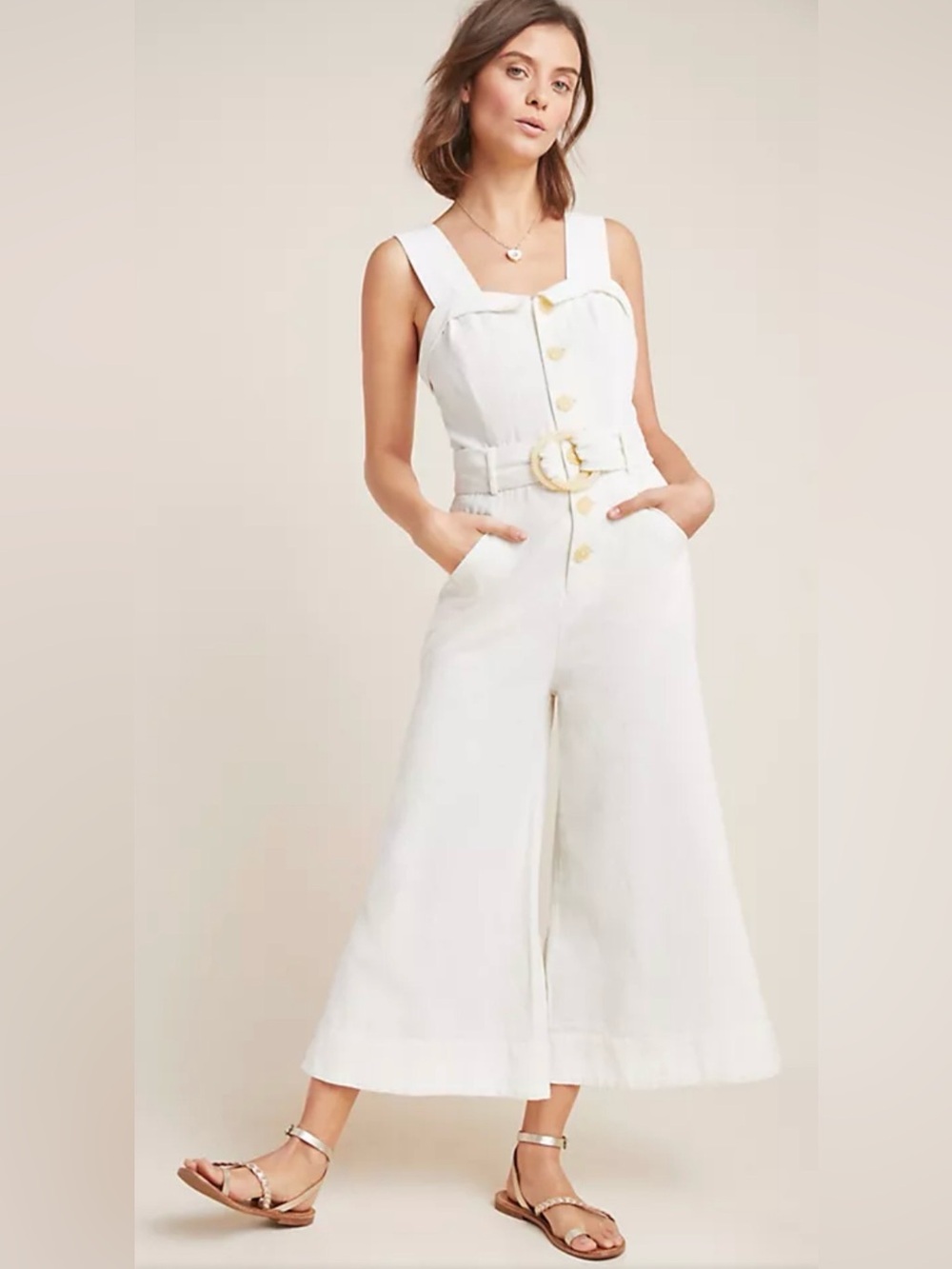 Anthropologie cream Belted Wide-Leg Jumpsuit